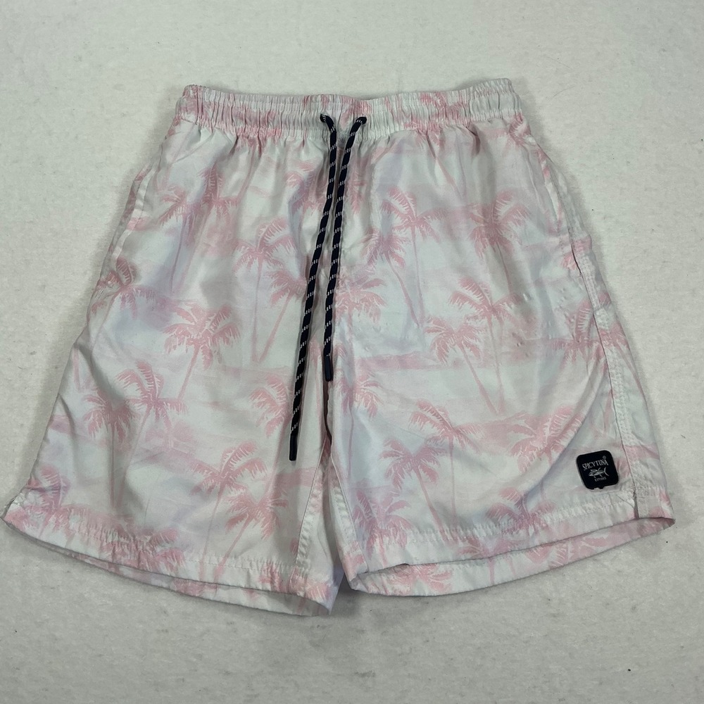 Spicy Tuna Mens Small Pink Palm Tree Print Swim Trunks White Tropical Shorts